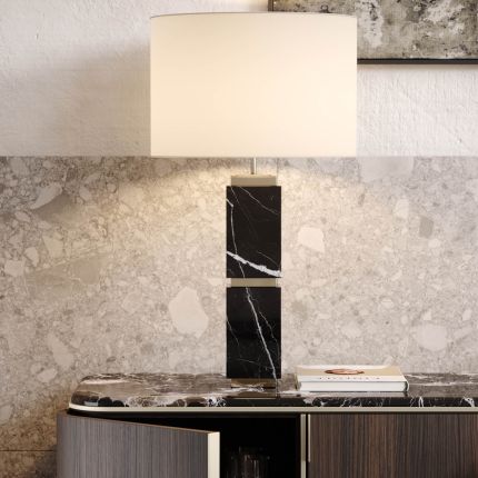 Square shaped table lamp in dark marble finish with golden detailing and natural lampshade