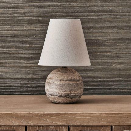 Solid grey travertine lamp with linen shade