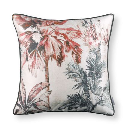 Red foliage patterned velvet cushion grey reverse side