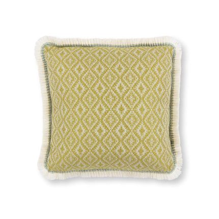 An outdoor jacquard woven cushion with a decorative fringe and diamond pattern.