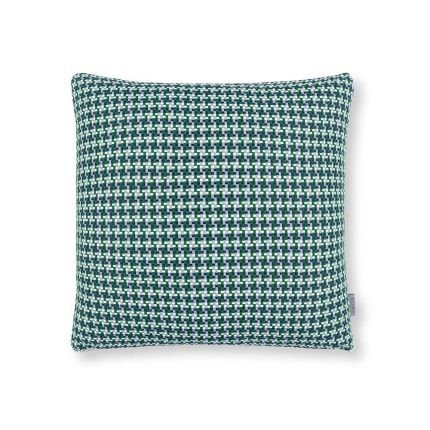 A teal houndstooth inspired outdoor cushion