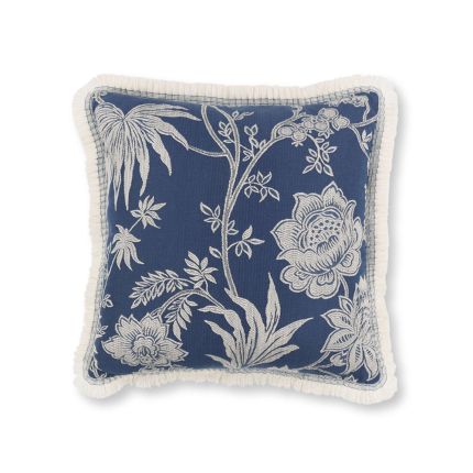 An elegant cushion with a floral embroidered design, fabulous fringing and a beautiful blue finish