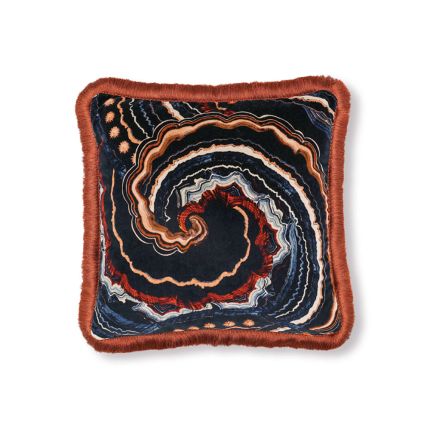 Black cushion with brown and blue swirl pattern and orange fringe