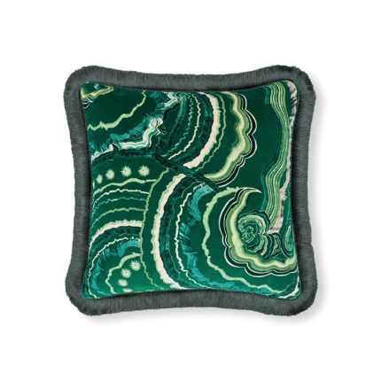 Green cushion with swirl design and grey fringe