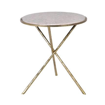Side table with brassy legs and marble-effect surface