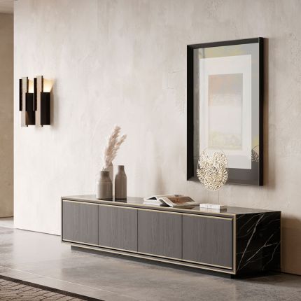 Clearance Laskasas Rick TV Cabinet - Black Marble with Smoked Eucalyptus Wood 