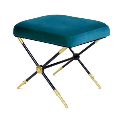 An exquisite bench with blue velvet and black and brass legs
