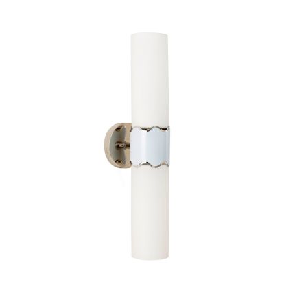 A luxurious pastel blue and nickel wall sconce with frosted glass lampshades