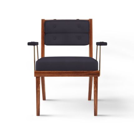 A sophisticated dining chair with a walnut wood frame, a blue linen upholstery, brushed brass arms and leather buckled straps 