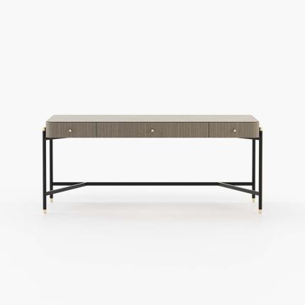 A luxurious aged oak wood table with a wrought iron frame and golden accents