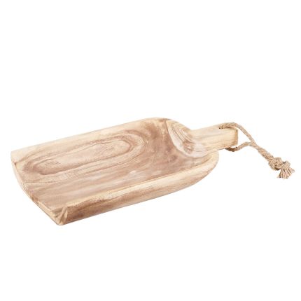 A rustic natural wood shovel tray with a rope handle