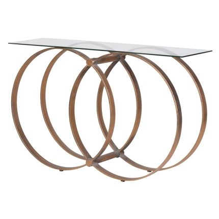 Glass tabletop, iron multi-hooped base console table