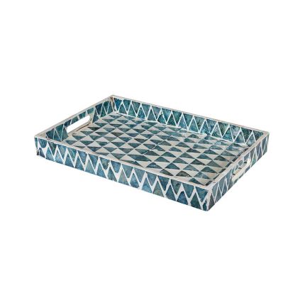 A triangular, teal patterned tray with handles
