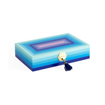 Striking purple and blue jewellery box with tasselled key detail