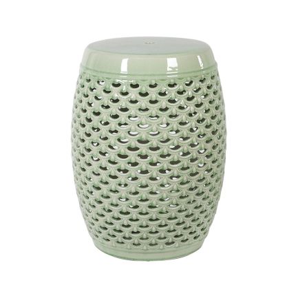 A stylish sage green stool with a ceramic pattern 