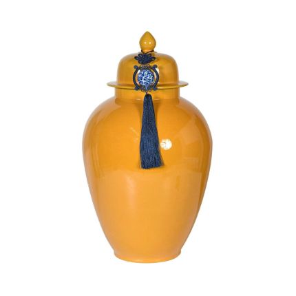 Curvy mustard jar with navy blue tassel detailing