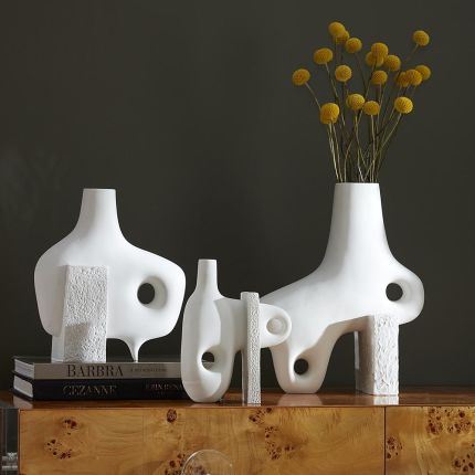 Matte porcelain decorative sculpture with smooth and rough texture