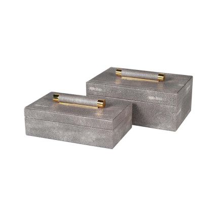 A luxurious pair of faux shagreen boxes with a brass handle