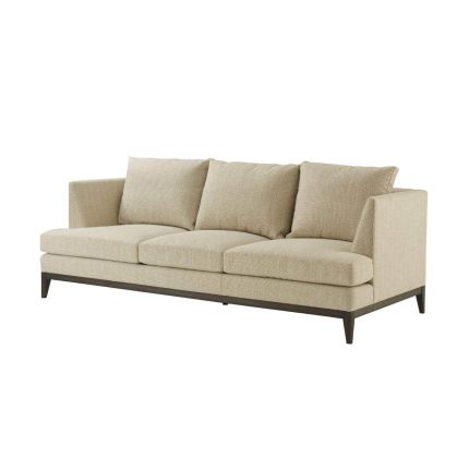Natural upholstered three seater sofa with dark brown wooden legs