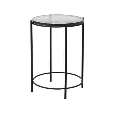 A classic, metal side table with a glass top