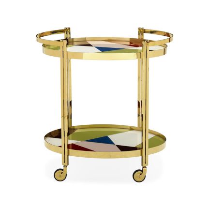 Polished brass bar cart drinks trolley with two painted glass shelves