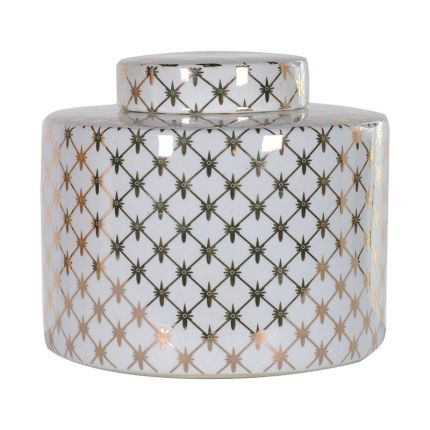 Glazed white and gold trellis patterned tea jar