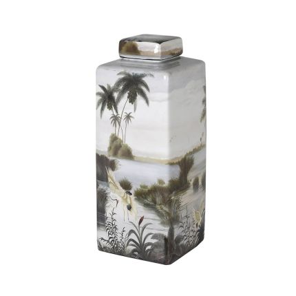 A luxurious tropical printed lidded jar