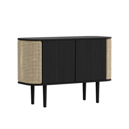 A sophisticated black oak and cane cabinet with rattan detailing