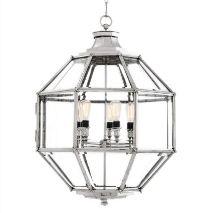 A large luxury lantern by Eichholtz with a bevelled glass and nickel finish 