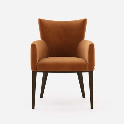 A chic modern mid-century modern dining armchair with wooden legs
