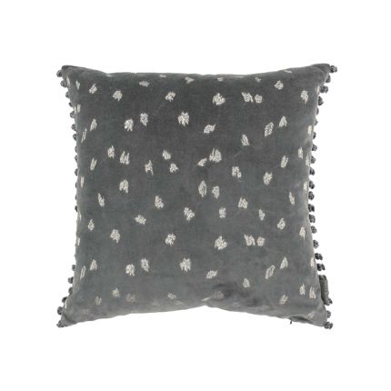 A gorgeous cushion with a grey velvet and satin finish complete with fabulous fringing and an embroidered pattern