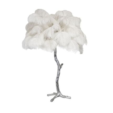 Mini ostrich feather lamp in white with a silver base