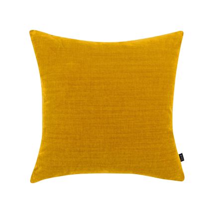 A bright and vibrant mustard coloured cushion with a luxurious velvet finish and soft texture