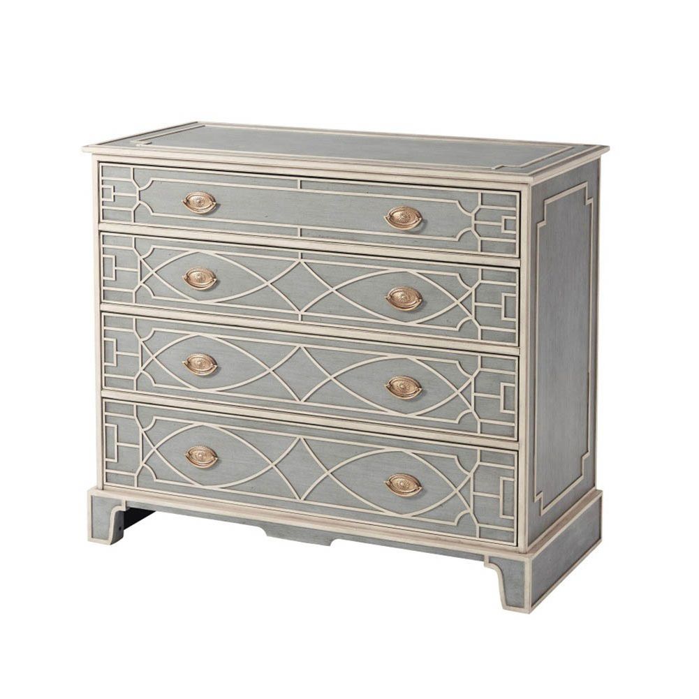 Grey chest of drawers with cream art-deco patterning and intricate brass handles