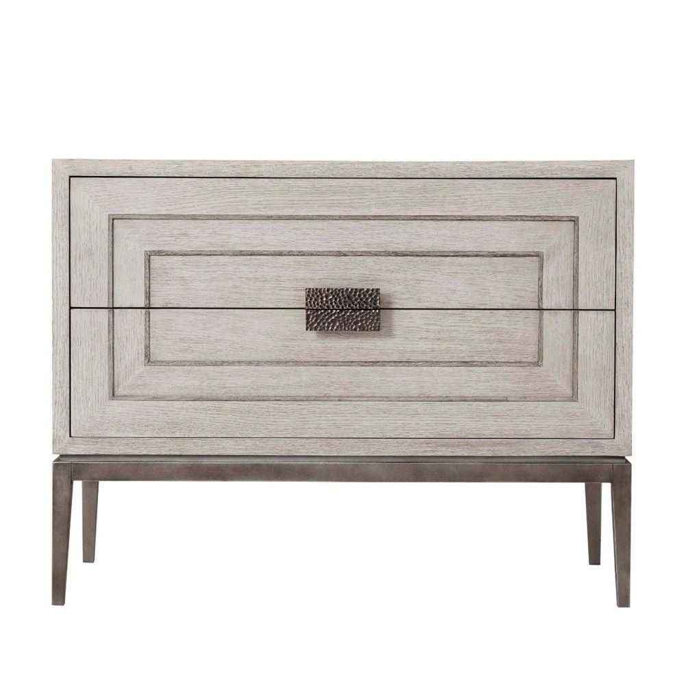 Washed wood finish bedside table with bronze handle and feet details