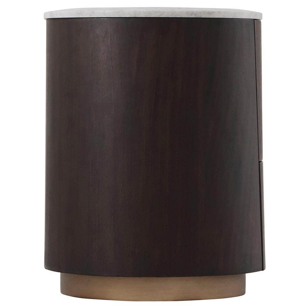 Wooden bedside table with white marble top, brass base and open shelf detail with two drawers