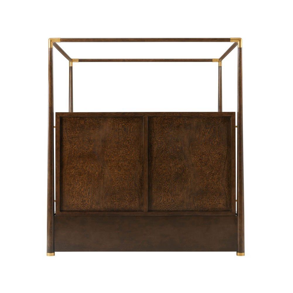 Dark brown ash veneer four poster bed with brass accents