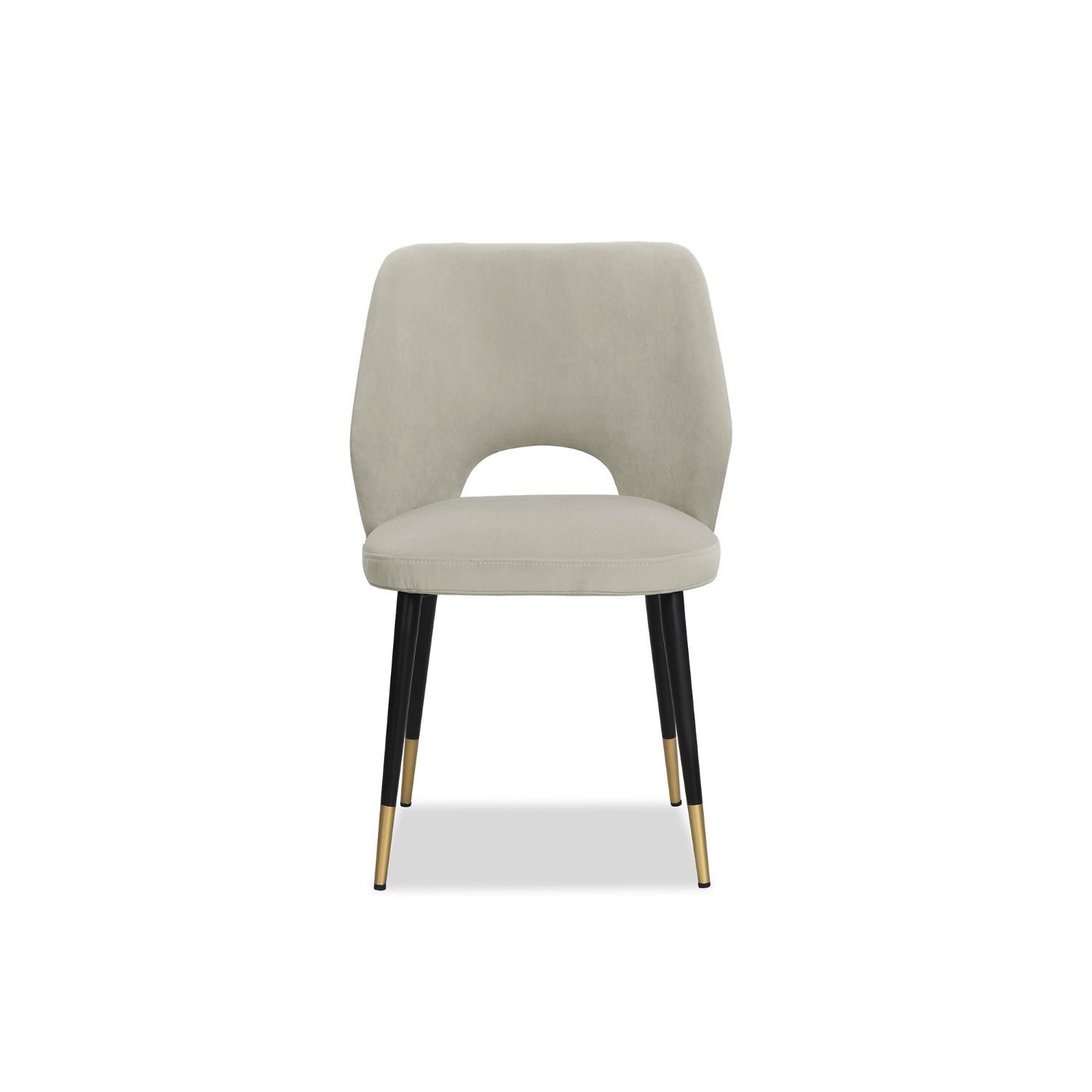 Elegant dining chairs with light grey velvet upholstery and quilted dark grey back