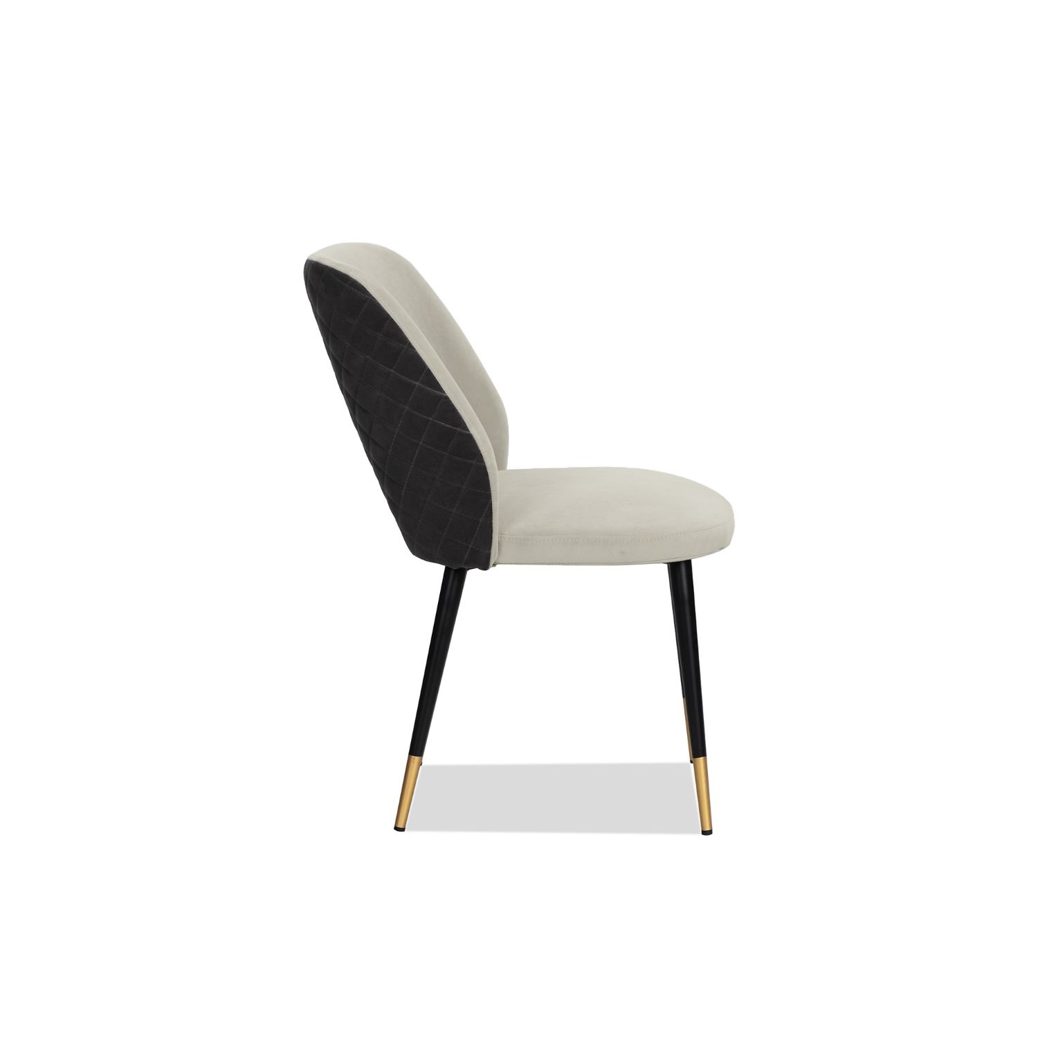 Elegant dining chairs with light grey velvet upholstery and quilted dark grey back