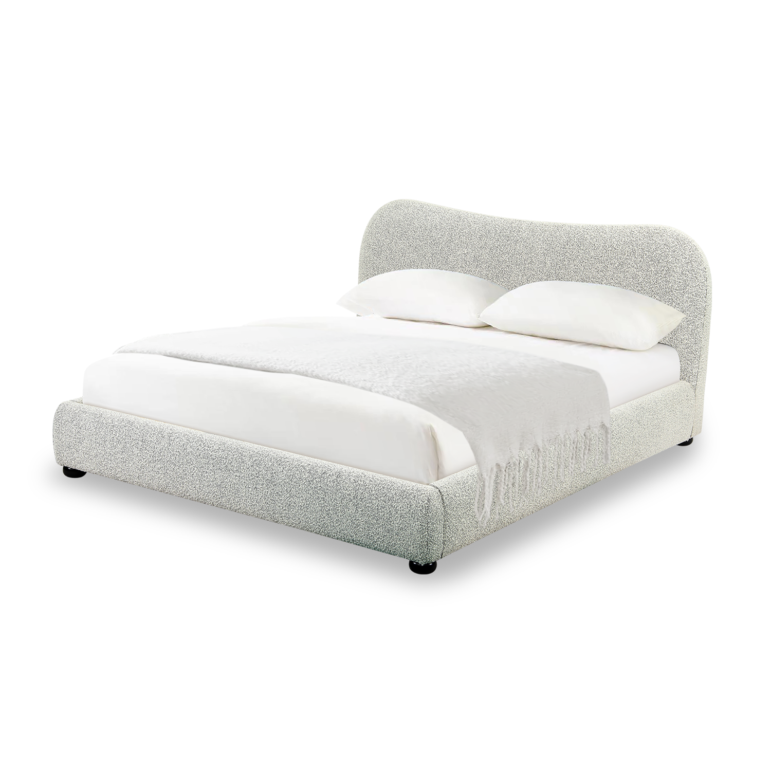 Grey boucle upholstered king size bed with wooden legs