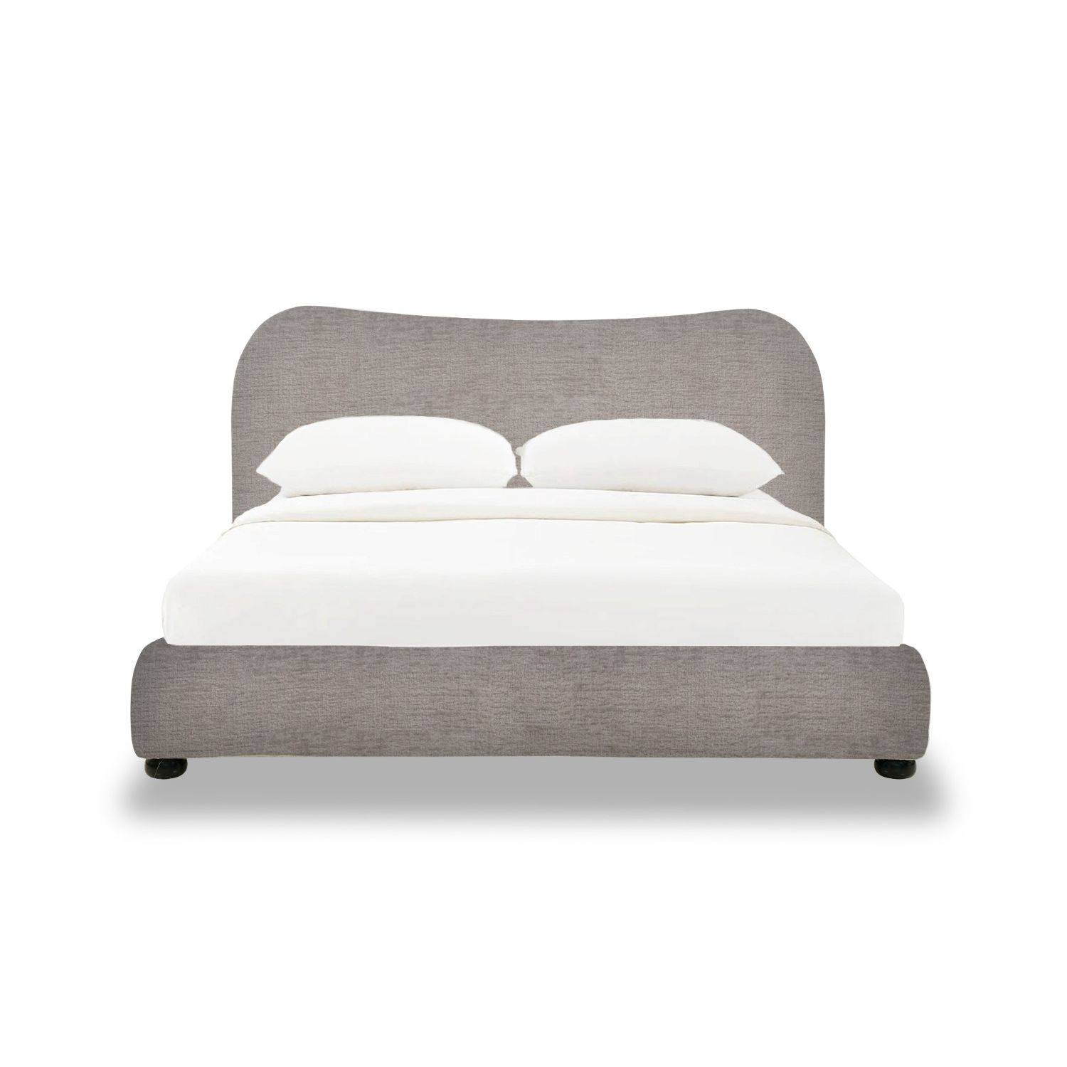 Grey boucle upholstered king size bed with wooden legs