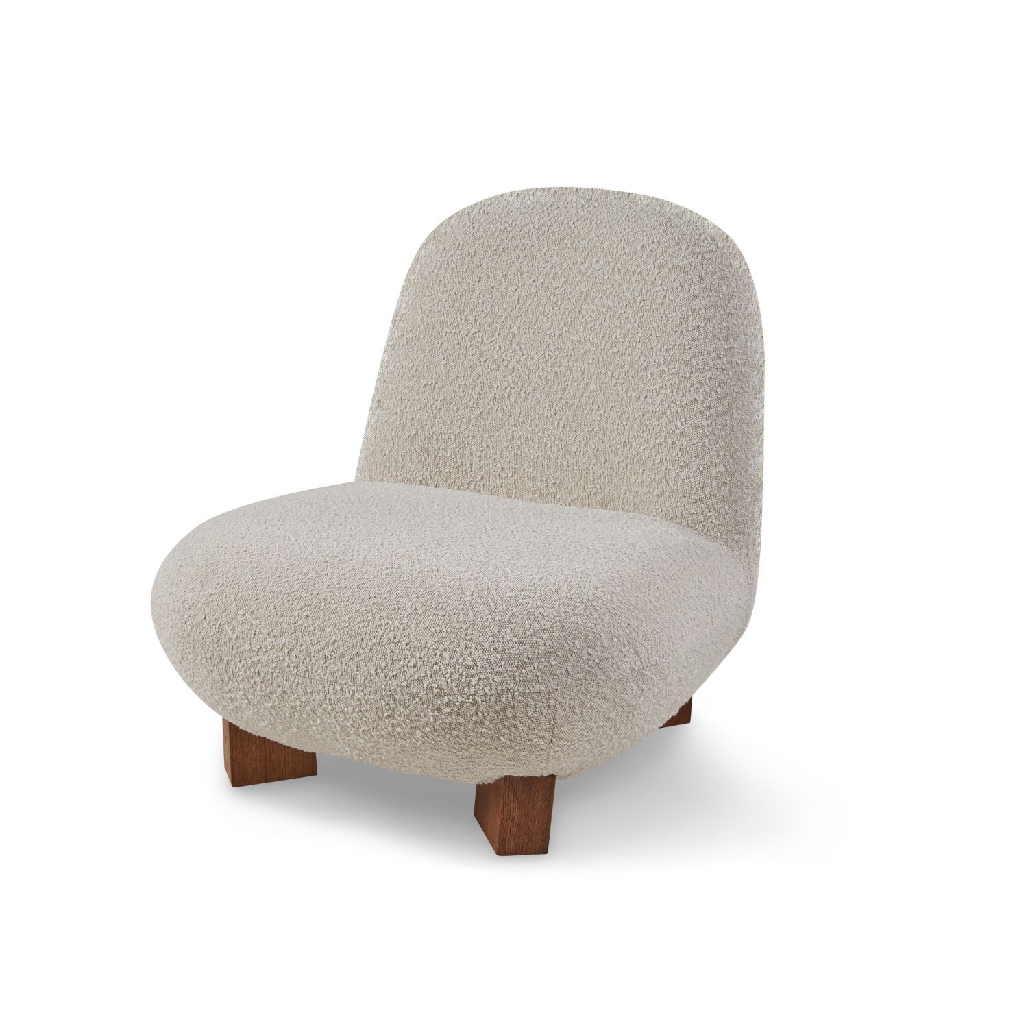 Elegant chair with boucle sand fabric upholstery and brown solid wooden legs