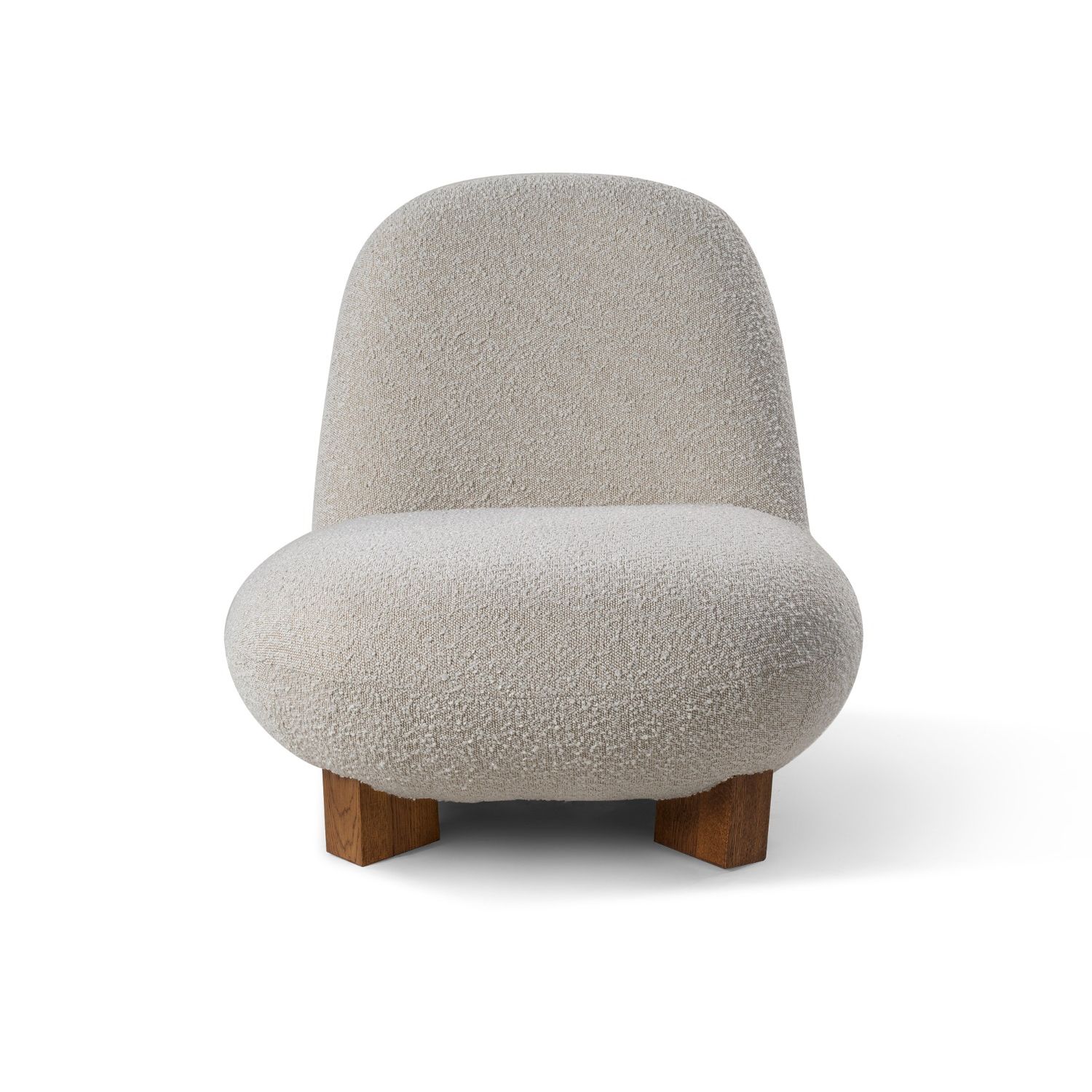 Elegant chair with boucle sand fabric upholstery and brown solid wooden legs
