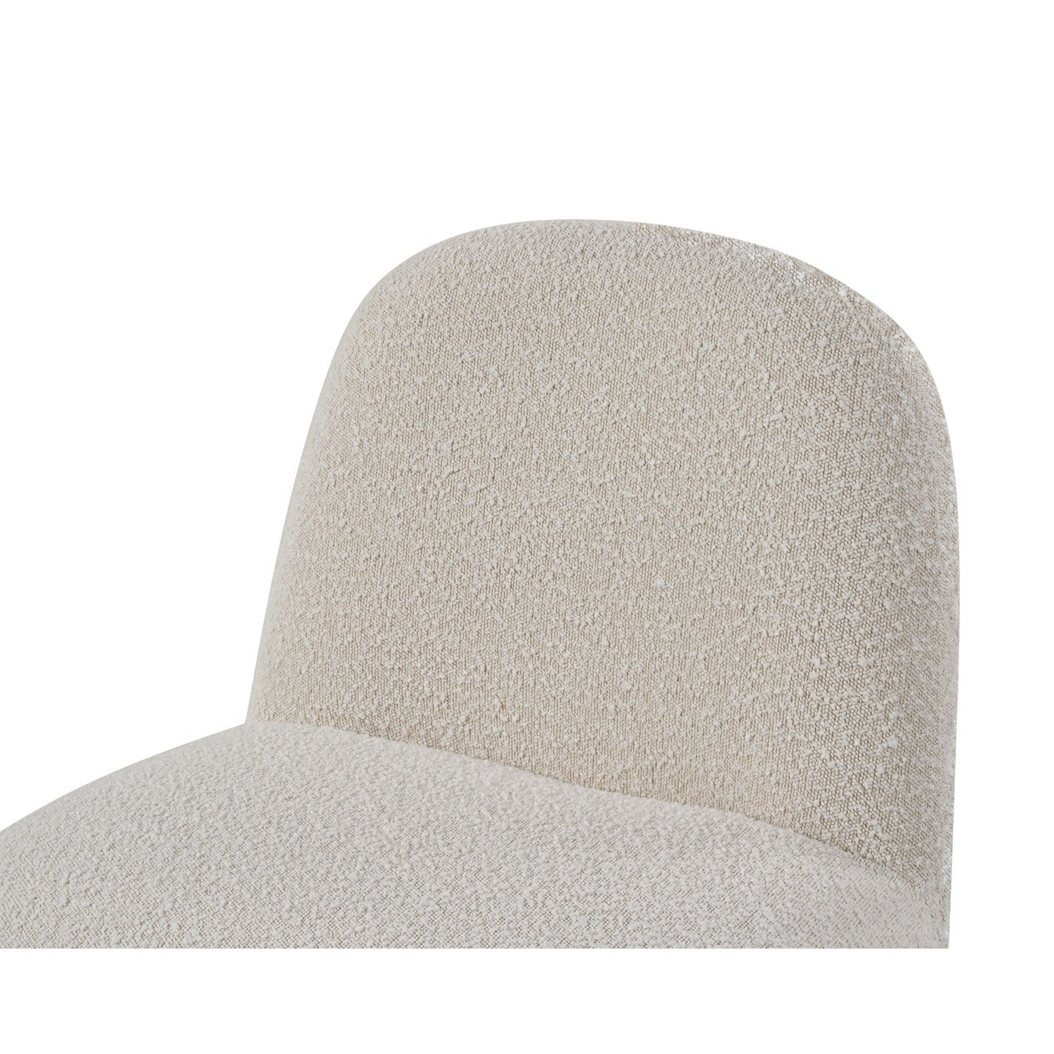 Elegant chair with boucle sand fabric upholstery and brown solid wooden legs