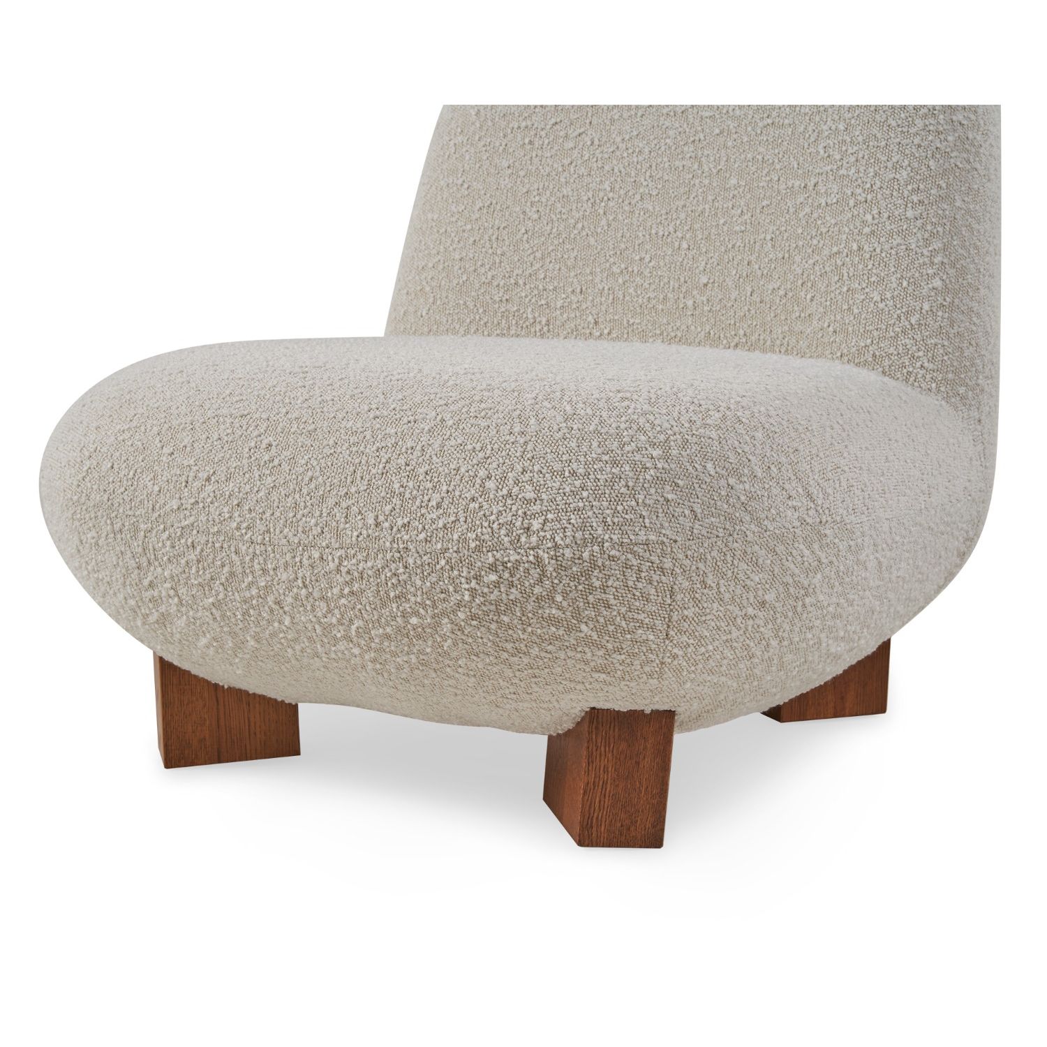 Elegant chair with boucle sand fabric upholstery and brown solid wooden legs