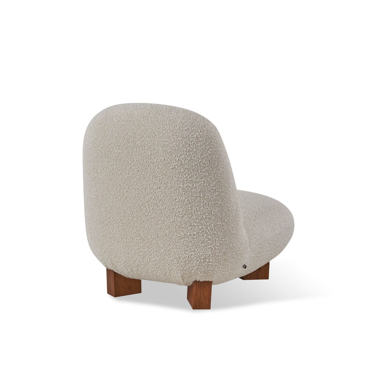 Elegant chair with boucle sand fabric upholstery and brown solid wooden legs