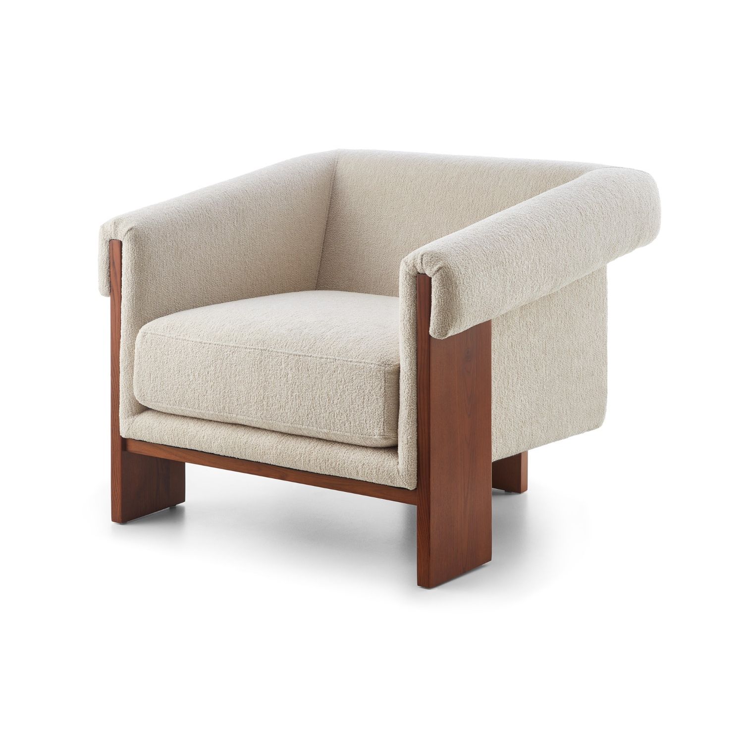 A sophisticated armchair with a contemporary design, luxury upholstery and classic brown finish
