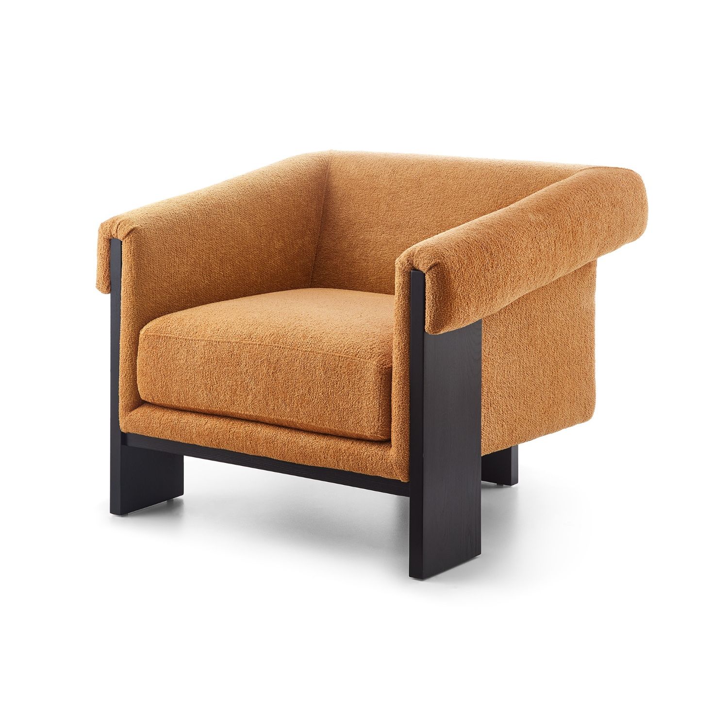 A statement armchair with a bright upholstery and black wood finish