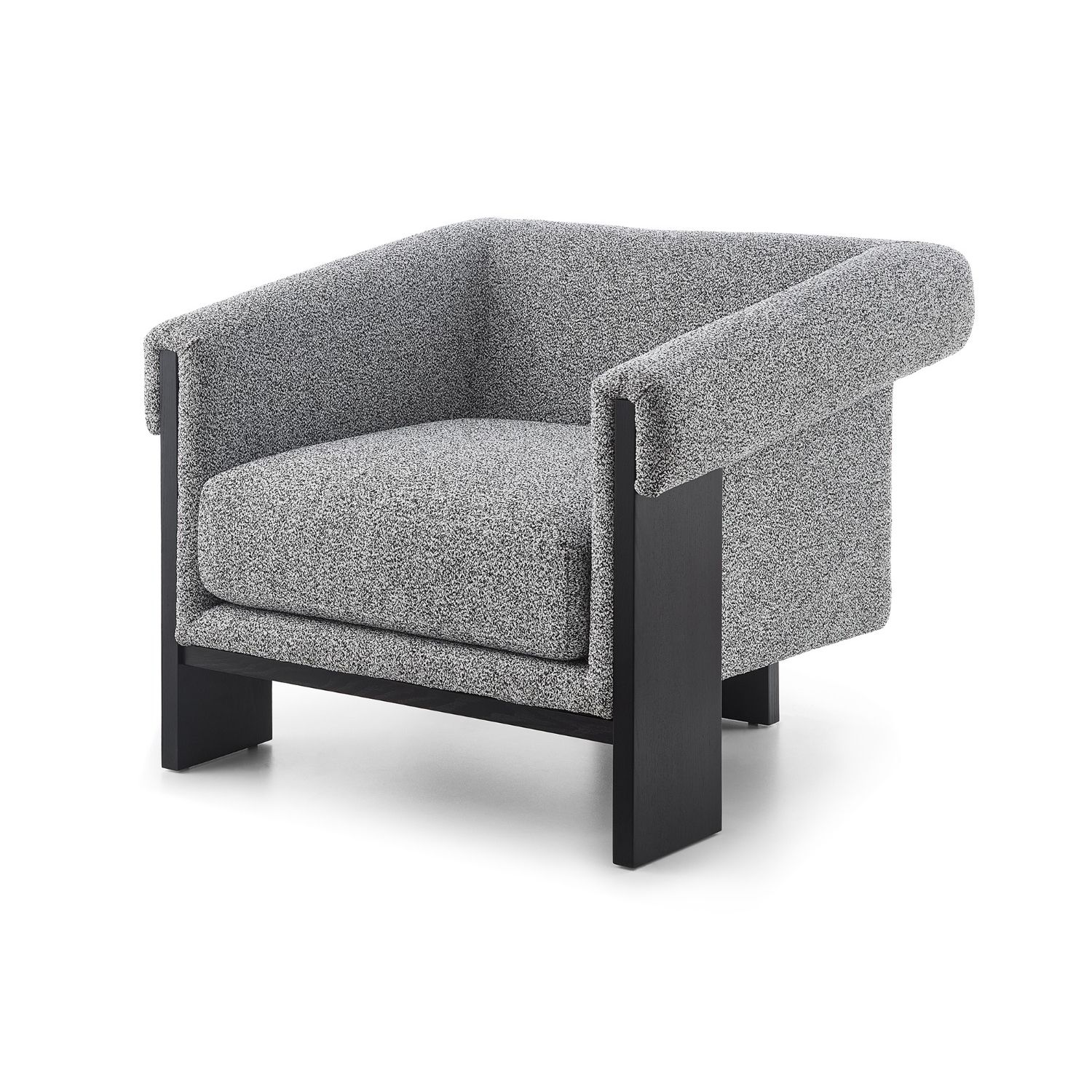 A contemporary chair with a gorgeous grey upholstery and black wood finish
