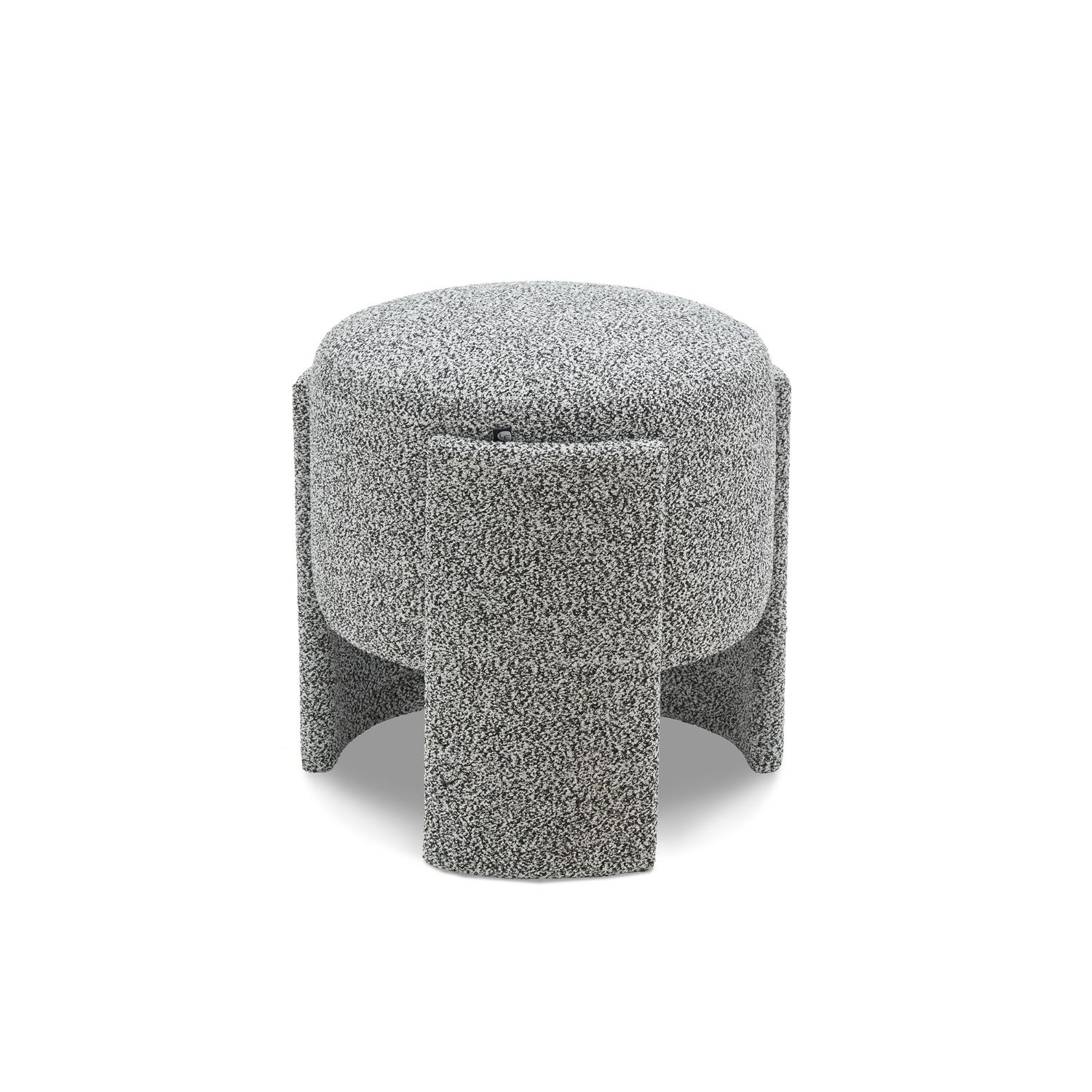 Small round stool upholstered in speckle grey fabric with wide legs overlapping the seat